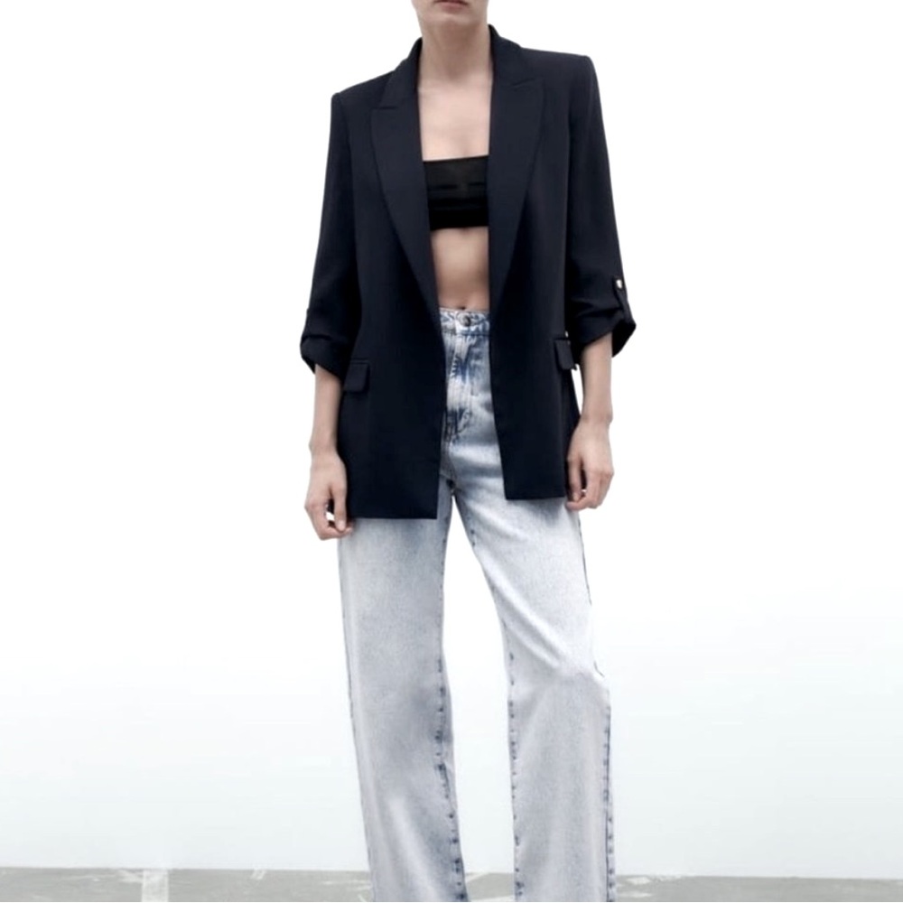 ZARA Black Oversized Open Front Roll Sleeve Blazer - size M